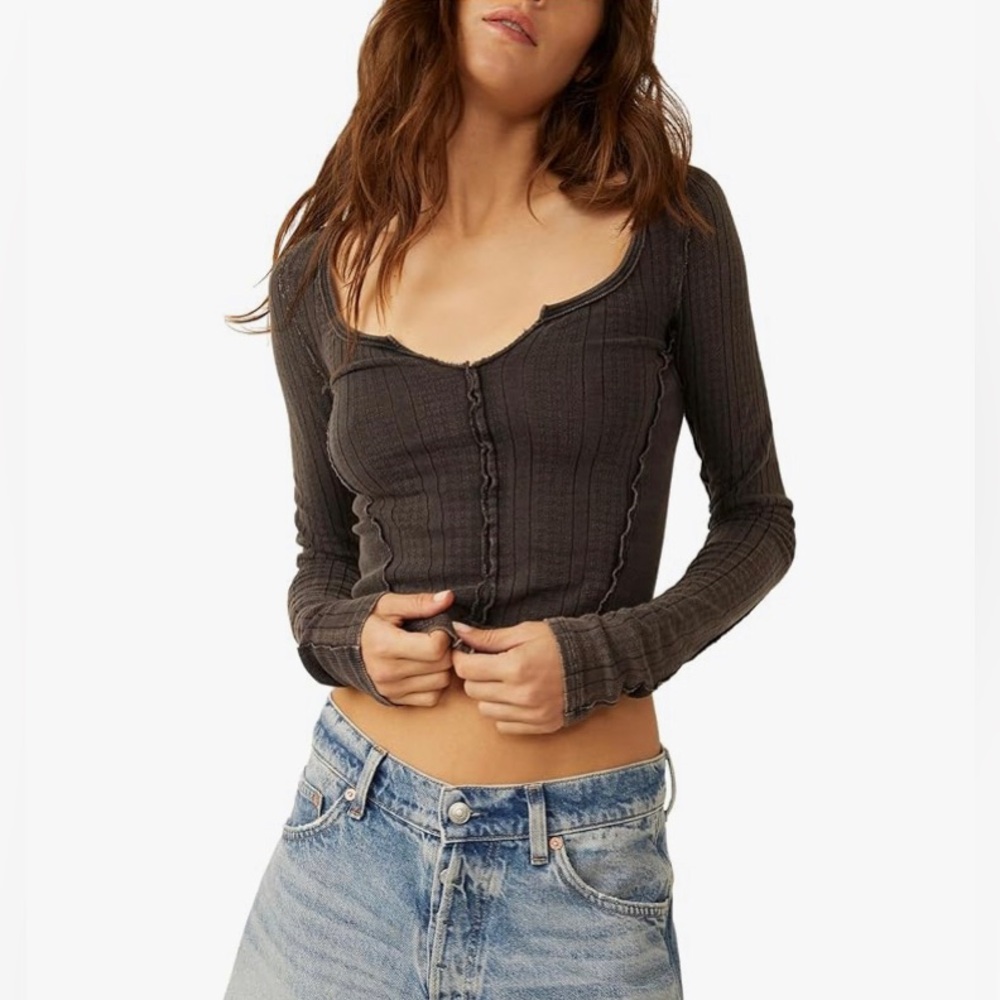 NWT Free People Eyes On You Long Sleeve Cotton Top in Charcoal Black